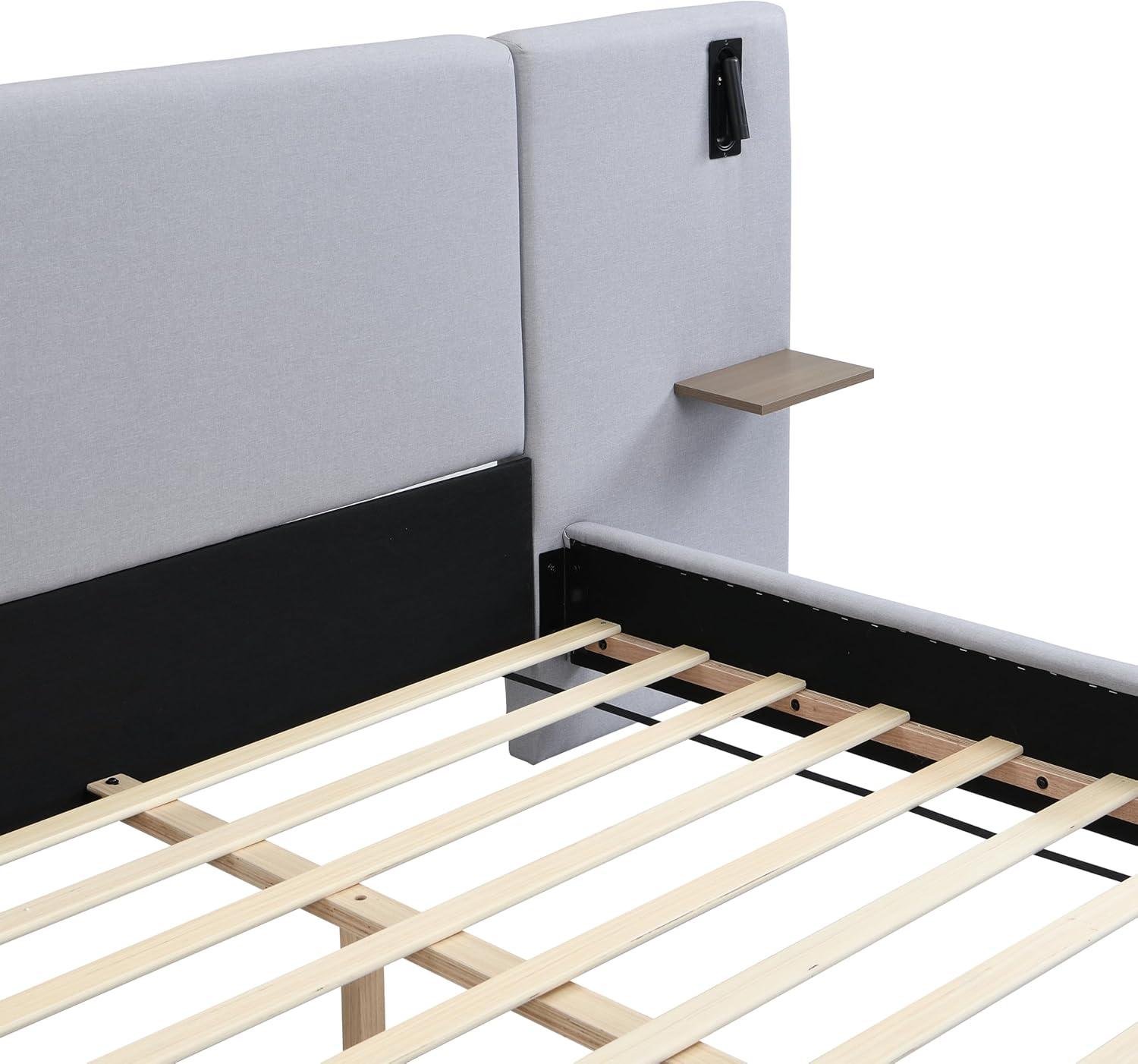 image:imageChristopher Knight Home Svant Queen Size Platform Bed Linen Fabric Upholstered Headboard Bed Frame with Reading Lamps and Shelves Wooden Slats No Box Spring Needed Easy Assembly GrayGrey