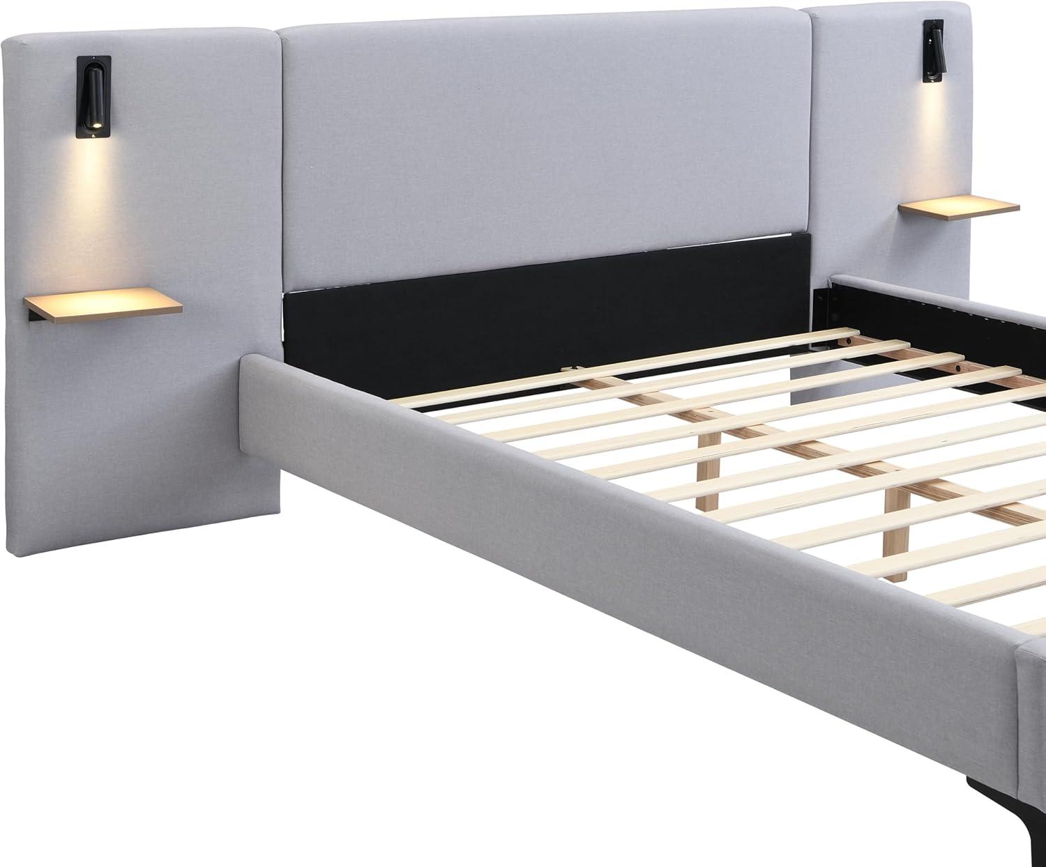 image:imageChristopher Knight Home Svant Queen Size Platform Bed Linen Fabric Upholstered Headboard Bed Frame with Reading Lamps and Shelves Wooden Slats No Box Spring Needed Easy Assembly GrayGrey