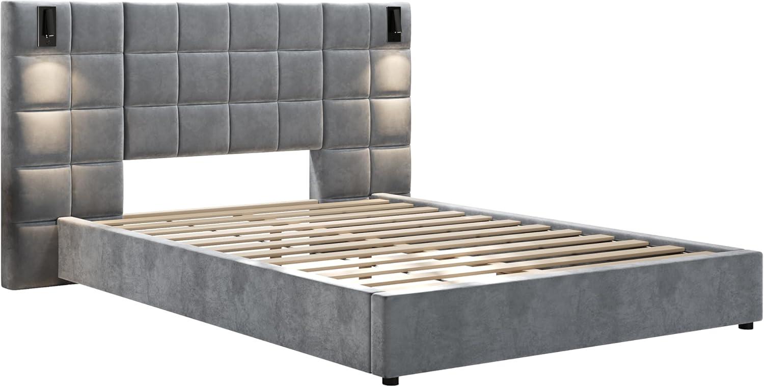 image:imageChristopher Knight Home Svens 46 High Headboard Bed King Size Platform Bed Frame Soft Velvet Upholstered California King Bed Frame Square Pattern Design with Reading Lamps and USB Ports GreyQueen