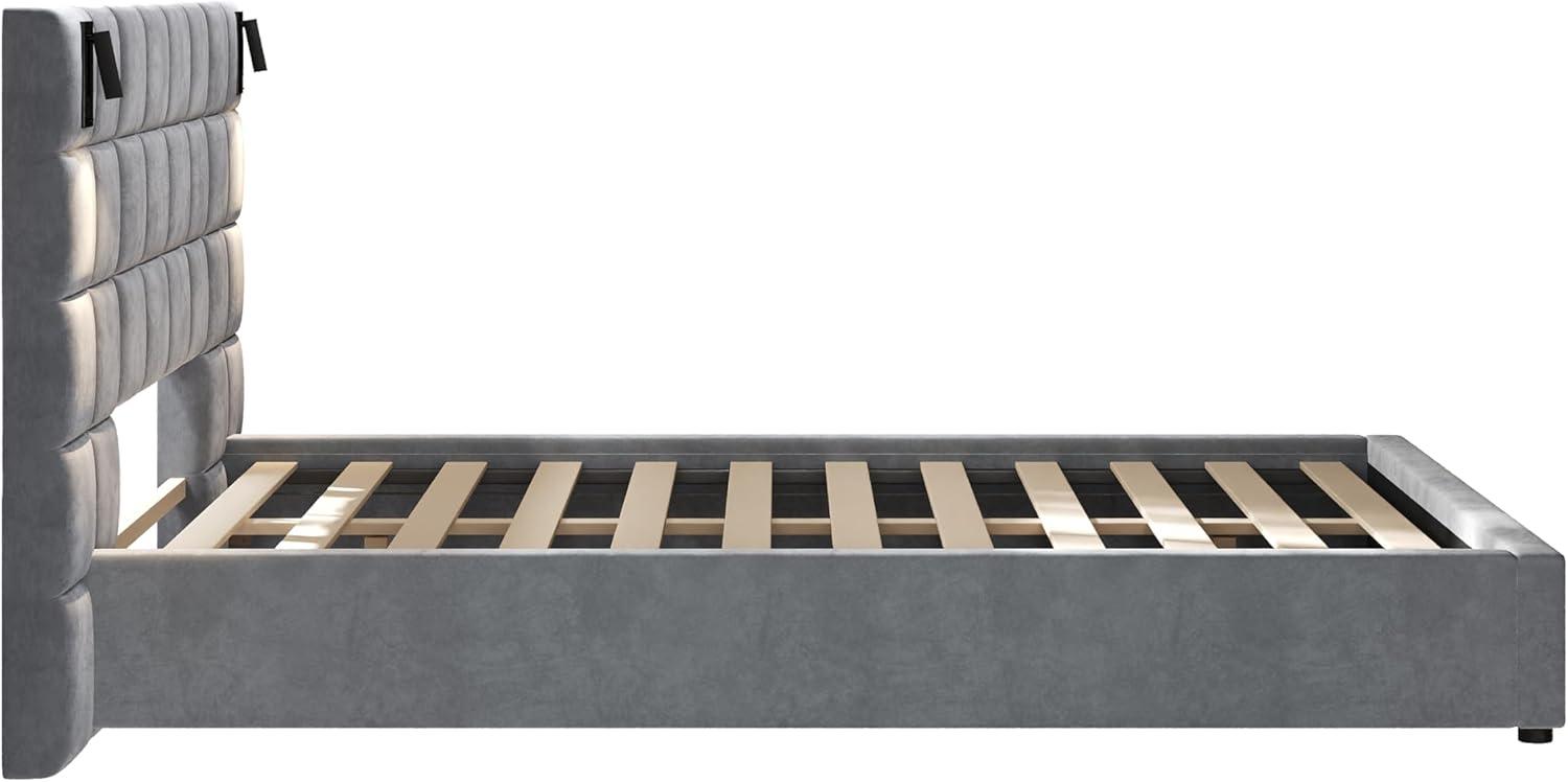 image:imageChristopher Knight Home Svens 46 High Headboard Bed King Size Platform Bed Frame Soft Velvet Upholstered California King Bed Frame Square Pattern Design with Reading Lamps and USB Ports GreyQueen