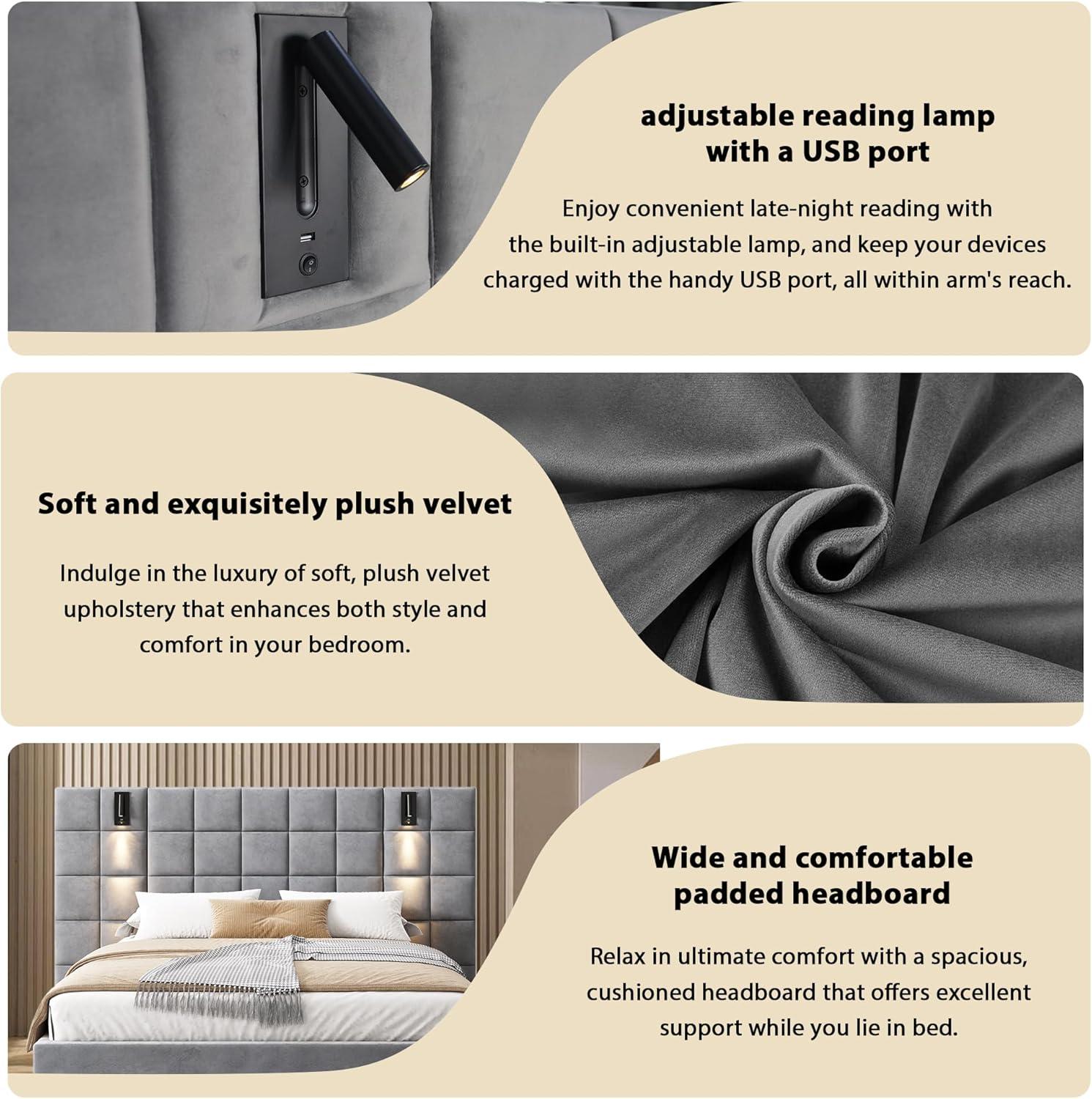 image:imageChristopher Knight Home Svens 46 High Headboard Bed King Size Platform Bed Frame Soft Velvet Upholstered California King Bed Frame Square Pattern Design with Reading Lamps and USB Ports GreyQueen