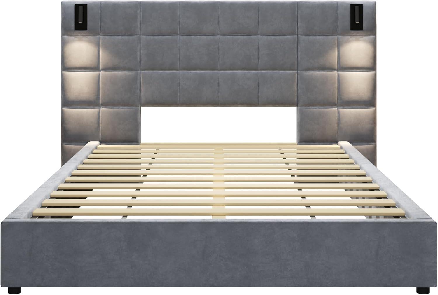 image:imageChristopher Knight Home Svens 46 High Headboard Bed King Size Platform Bed Frame Soft Velvet Upholstered California King Bed Frame Square Pattern Design with Reading Lamps and USB Ports GreyQueen