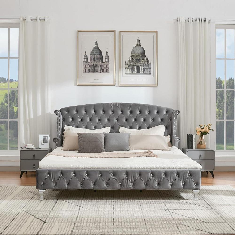 image:imageChristopher Knight Home Averil Modern King Size Platform Bed Frame with Velvet Upholstered Headboard Wooden King Size Bed Frame with Wingback Headboard No Box Spring Needed Easy Assembly CreamDark Grey
