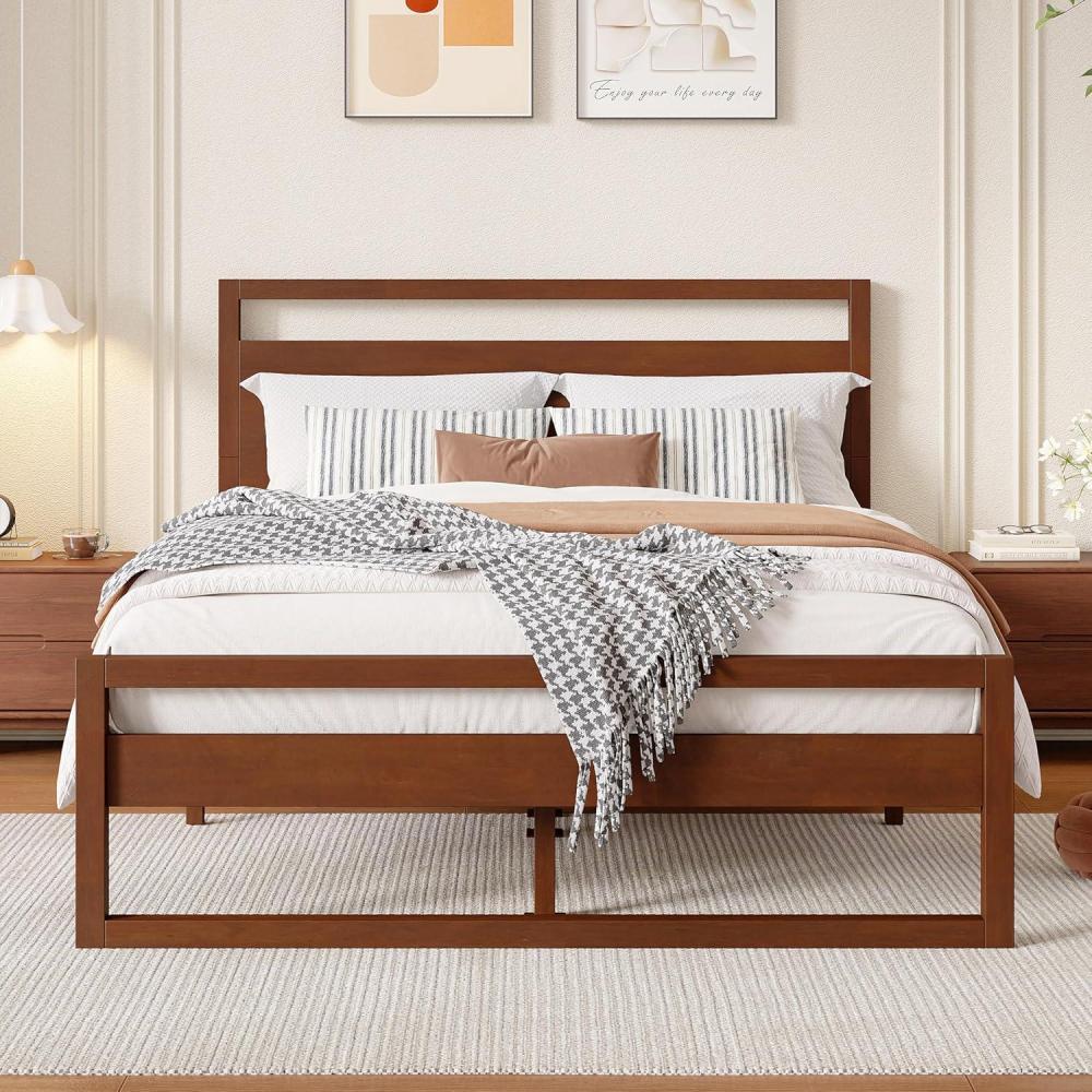 image:imageChristopher Knight Home Belden Retro Wooden Queen Bed Frame with Headboard Rectangular Queen Size Platform Bed Frame with Slat Design Noise Free No Box Spring Needed 800 lbs Capacity Walnut Brown