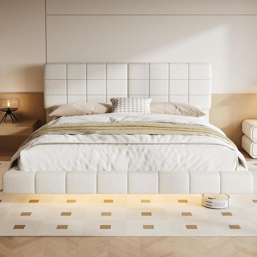 image:imageChristopher Knight Home Borden Floating Bed Frame King Size with Lights Boucle King Size Platform Bed Frame with Headboard Modern Floating King Bed Frame No Box Spring Needed Easy Assembly WhiteQueen US Standard