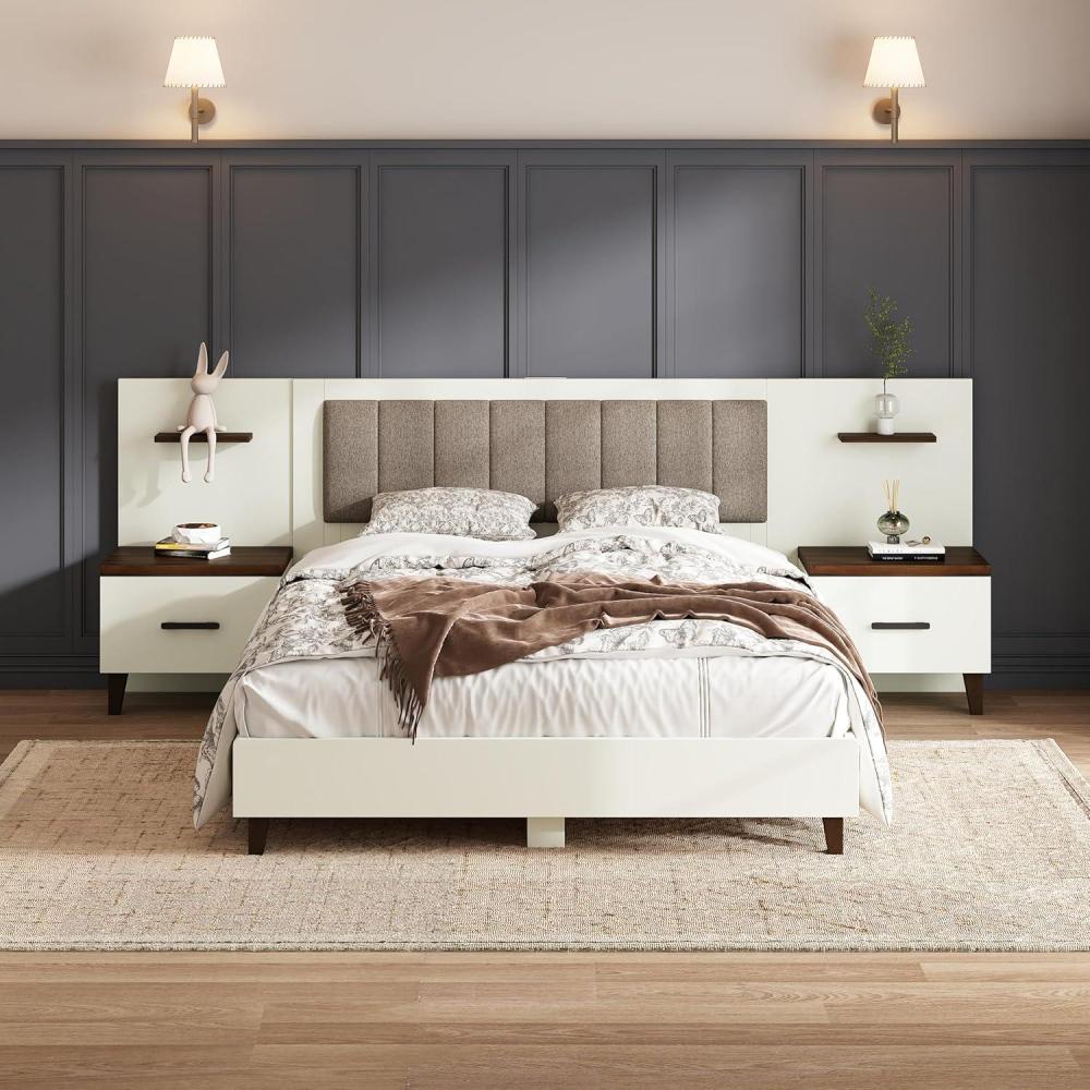 image:imageChristopher Knight Home Camille Rectangular Queen Bed Frame with Headboard Fabric Upholsteed Queen Size Bed Frame with Storage Platform Bed Frame with Nightstand No Box Spring Needed BrownWhite
