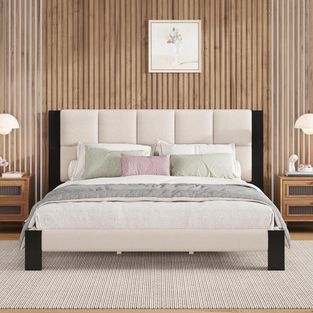 image:imageChristopher Knight Home Fizz Boucle Upholstered King Size Bed Frame Wood Cal King Bed Frame and Headboard Solid and Stable Bedframe No Box Spring Needed Noise Free King Platform Bed BeigeBlackKing Size