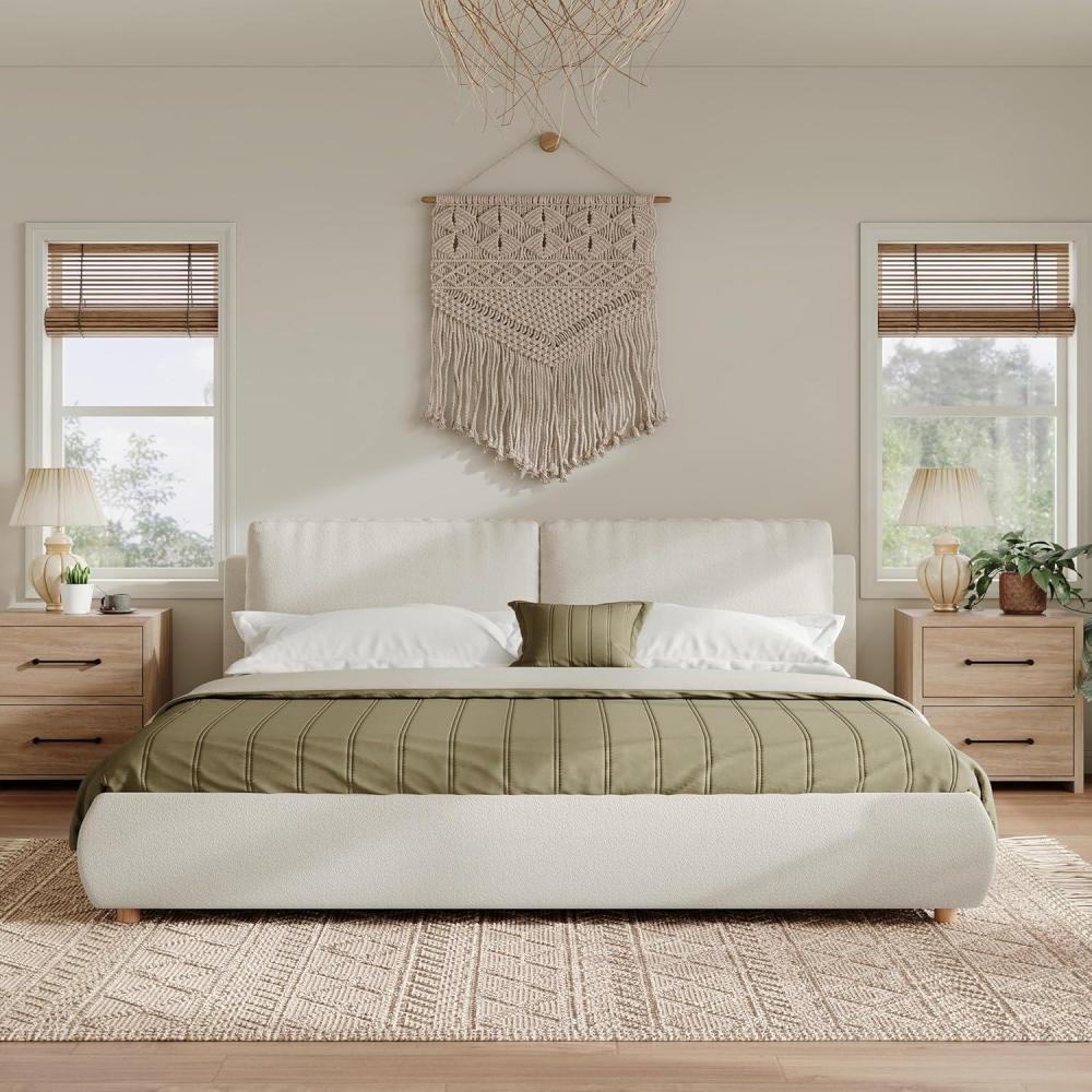image:imageChristopher Knight Home Hazel King Size Boucle Bed King Size Headboard and Bed Frame Upholstered Boucle Headboard and Footboard Wood Slats Panel Platform Support No Box Spring Needed 500lbs White