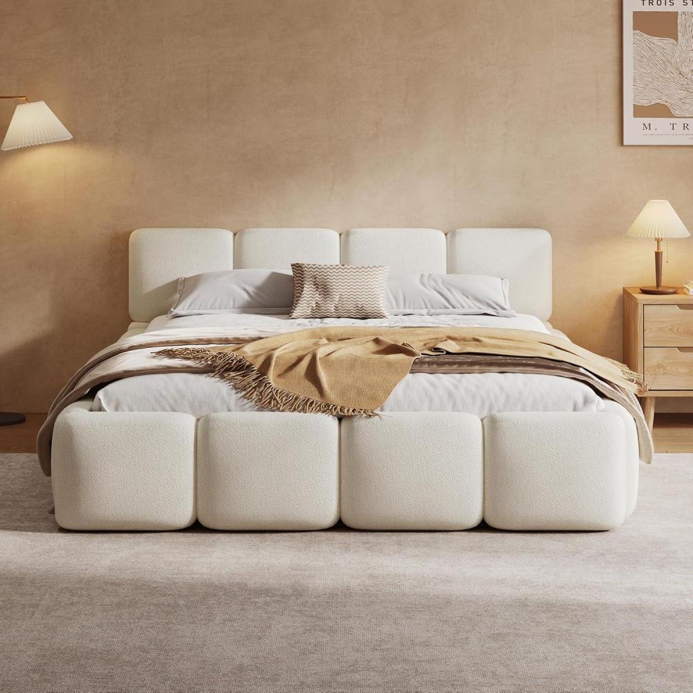 image:imageChristopher Knight Home Hazel King Size Platform Bed Linen Thick Headboard and Footboard Upholstery Grounded Beds Block Style Wood Slat Panel Support No Spring Box Needed Easy Assembly GreenWhite