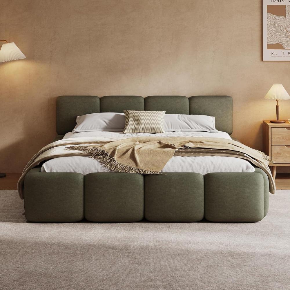 image:imageChristopher Knight Home Hazel King Size Platform Bed Linen Thick Headboard and Footboard Upholstery Grounded Beds Block Style Wood Slat Panel Support No Spring Box Needed Easy Assembly GreenOlive Green