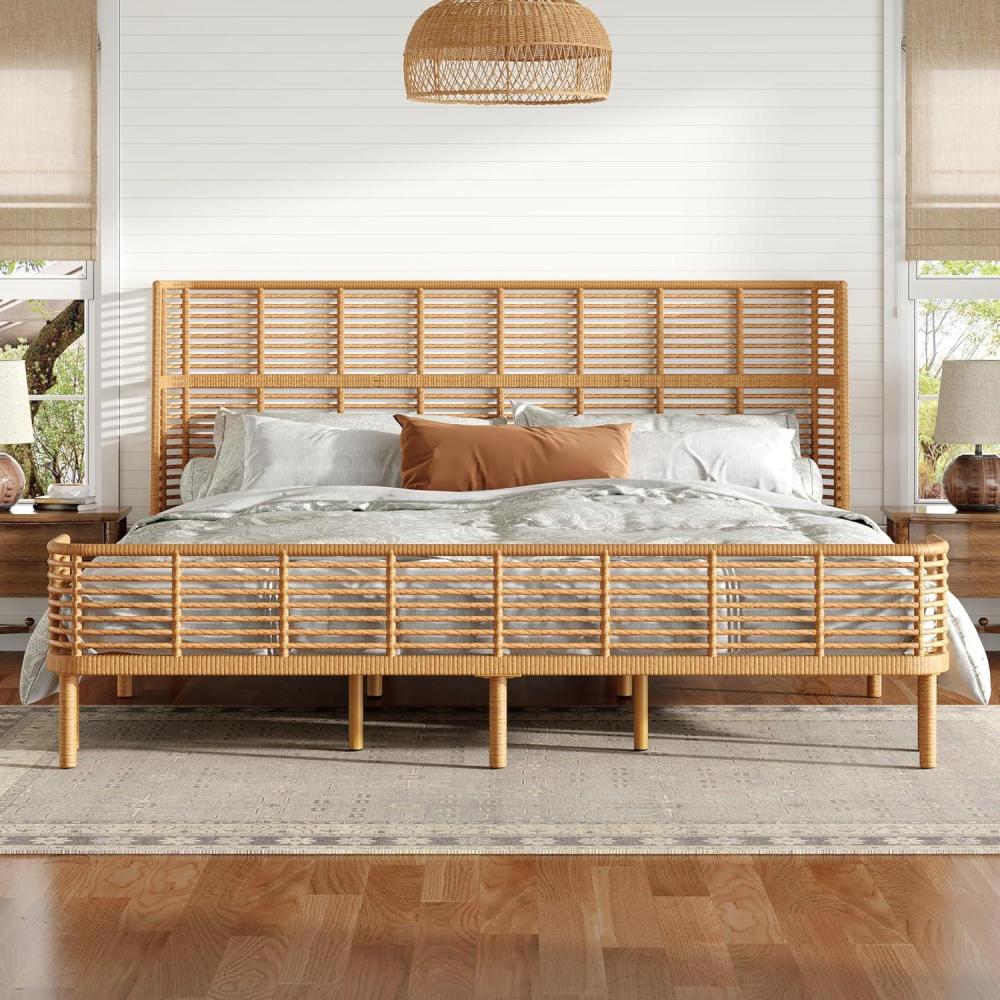 image:imageChristopher Knight Home Lamar Boho Rattan King Bed Frame and Headboard Farmhouse PE Wicker King Size Bed Frame Metal King Platform Bed Frame No Box Spring Needed Easy Assembly Natural FinishCalifornia King