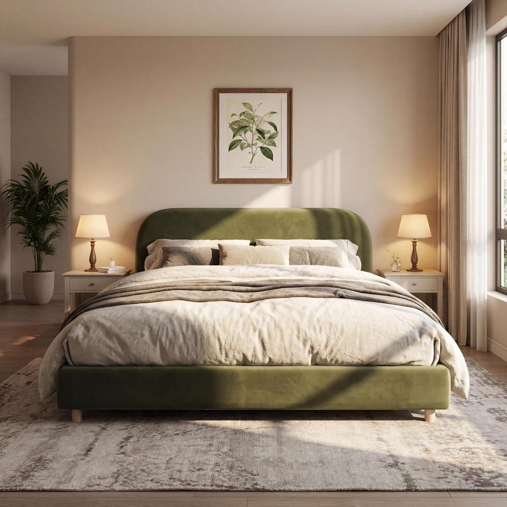 image:imageChristopher Knight Home Queen Size Platform Bed Boucle Fabric Headborad and Bed Frame Upholstered CurveShaped Queen Headboard Wood Bedpost and Slat Wood Slats Panel Support Easy Assembly WhiteOlive Green