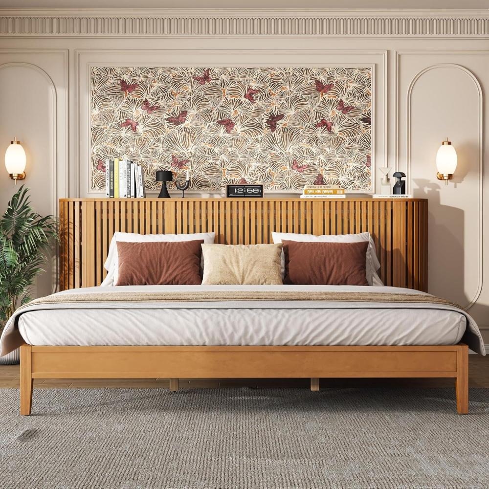 image:imageChristopher Knight Home Renata King Size Bed Frame with Grace Slat Headboard Platform Bed with Side Cabinets Wood Bed Frame Solid and Stable Bedframe No Box Spring Needed Noise Free NaturalKing Size