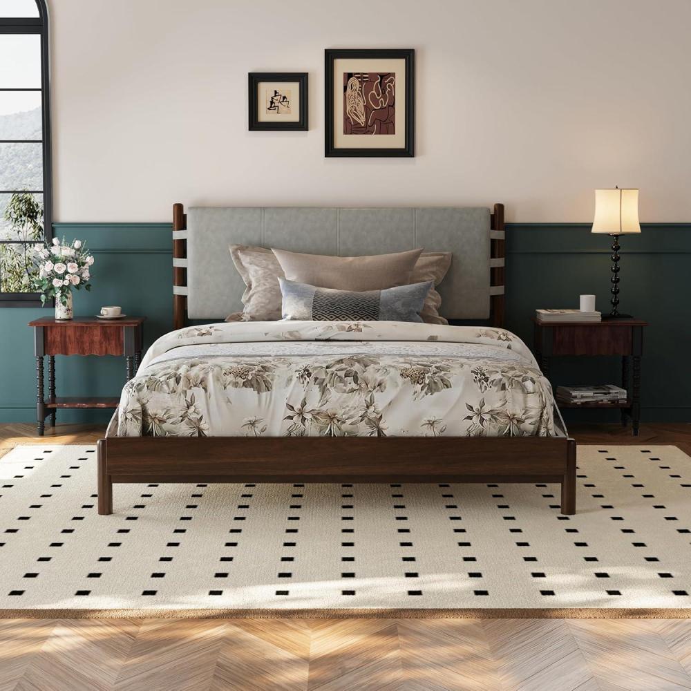 image:imageChristopher Knight Home Roach Mid Century Modern King Size Bed Frame Rubber Wood Platform Bed Frame with Headboard Easy Assembly No Box Spring Needed Upholstered Headboard Light Gray WalnutLight Gray Walnut