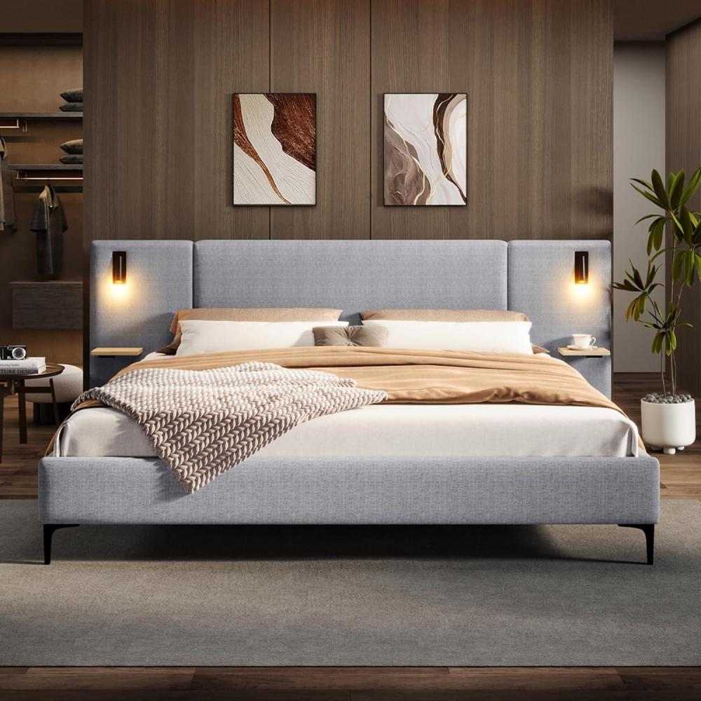 image:imageChristopher Knight Home Svant Queen Size Platform Bed Linen Fabric Upholstered Headboard Bed Frame with Reading Lamps and Shelves Wooden Slats No Box Spring Needed Easy Assembly GrayGrey