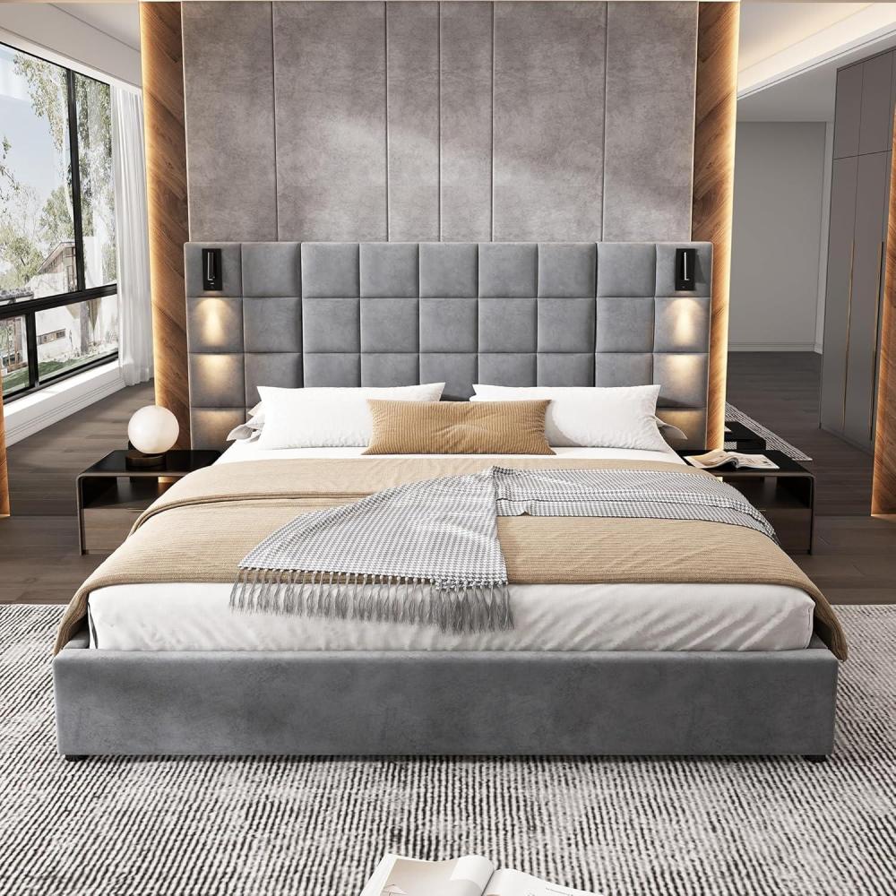 image:imageChristopher Knight Home Svens 46 High Headboard Bed King Size Platform Bed Frame Soft Velvet Upholstered California King Bed Frame Square Pattern Design with Reading Lamps and USB Ports GreyCalifornia King