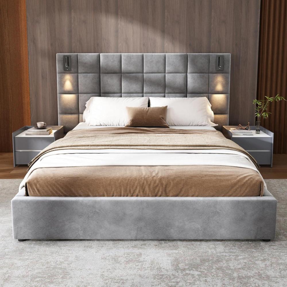 image:imageChristopher Knight Home Svens 46 High Headboard Bed King Size Platform Bed Frame Soft Velvet Upholstered California King Bed Frame Square Pattern Design with Reading Lamps and USB Ports GreyQueen