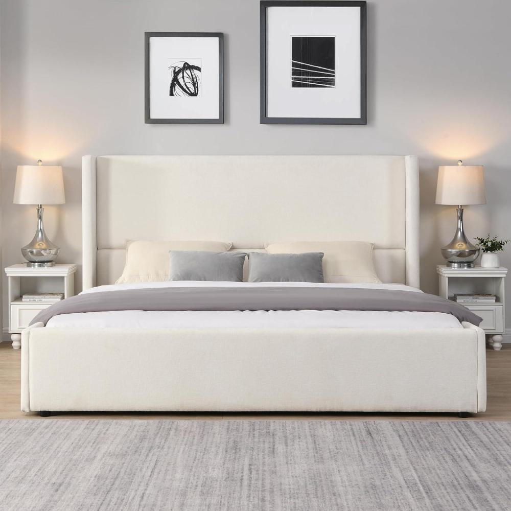 image:imageChristopher Knight Home Vanor Queen Size Bed Frame Fabric Upholstered Platform Bed with Wingback Tall Headboard Wooden Slats No Box Spring Needed Easy Assembly WhiteKing