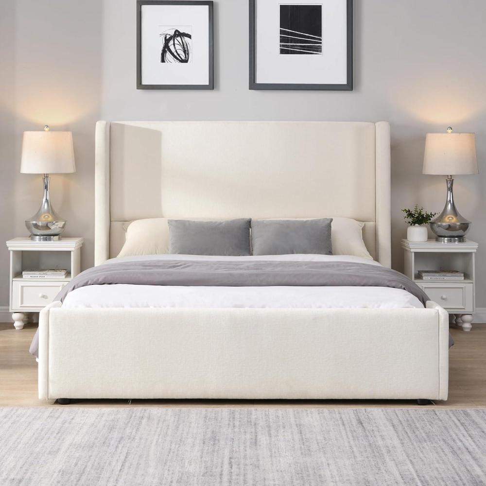 image:imageChristopher Knight Home Vanor Queen Size Bed Frame Fabric Upholstered Platform Bed with Wingback Tall Headboard Wooden Slats No Box Spring Needed Easy Assembly WhiteQueen