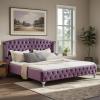 Christopher Knight Home Averil Modern King Size Platform Bed Frame with Velvet Upholstered Headboard, Wooden King Size Bed Frame with Wingback Headboard, No Box Spring Needed, Easy Assembly, Cream(Purple)