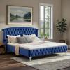 Christopher Knight Home Averil Modern King Size Platform Bed Frame with Velvet Upholstered Headboard, Wooden King Size Bed Frame with Wingback Headboard, No Box Spring Needed, Easy Assembly, Cream(Navy Blue)