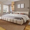 Christopher Knight Home Bettine King Size Bed Frame with Checkerboard Design Headboard, Elegant Chenille Upholstered Bed, Wooden Slats, Easy Assembly Platform Bed, No Box Spring Needed, Beige