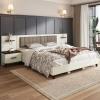 Christopher Knight Home Camille Rectangular King Size Bed Frame with Headboard, Fabric Upholsteed King Bed Frame with Storage, Platform Bed Frame with Nightstand, No Box Spring Needed, Brown+White
