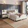 Christopher Knight Home Camille Rectangular Queen Bed Frame with Headboard, Fabric Upholsteed Queen Size Bed Frame with Storage, Platform Bed Frame with Nightstand, No Box Spring Needed, Brown+White