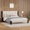 Christopher Knight Home Fizz Boucle Upholstered King Size Bed Frame, Wood Cal King Bed Frame and Headboard, Solid and Stable Bedframe, No Box Spring Needed, Noise Free King Platform Bed, Beige+Black(King Size)