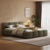 Christopher Knight Home Hazel King Size Platform Bed, Linen Thick Headboard and Footboard, Upholstery Grounded Beds, Block Style, Wood Slat Panel Support, No Spring Box Needed, Easy Assembly, Green(Olive Green)
