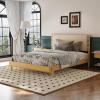 Christopher Knight Home Roach Mid Century Modern King Size Bed Frame, Rubber Wood Platform Bed Frame with Headboard, Easy Assembly, No Box Spring Needed, Upholstered Headboard, Light Gray + Walnut(Beige + Brown)