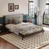 Christopher Knight Home Roach Mid Century Modern King Size Bed Frame, Rubber Wood Platform Bed Frame with Headboard, Easy Assembly, No Box Spring Needed, Upholstered Headboard, Light Gray + Walnut(Light Gray + Walnut)