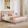 Christopher Knight Home Senna Modern Queen Bed Frame with Headboard, Upholstered Plush Fabric Queen Platform Bed Frame, Wooden Slats Panel Platform Support, No Box Spring Needed, Dark Beige(Dark Beige)