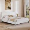 Christopher Knight Home Senna Modern Queen Bed Frame with Headboard, Upholstered Plush Fabric Queen Platform Bed Frame, Wooden Slats Panel Platform Support, No Box Spring Needed, Dark Beige(White)
