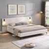 Christopher Knight Home Svant King Size Platform Bed, Boucle Fabric Upholstered Headboard Bed Frame with Reading Lamps and Shelves, Wooden Slats, No Box Spring Needed, White(White)
