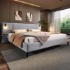 Christopher Knight Home Svant Queen Size Platform Bed, Linen Fabric Upholstered Headboard Bed Frame with Reading Lamps and Shelves, Wooden Slats, No Box Spring Needed, Easy Assembly, Gray(Grey)