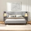 Christopher Knight Home Svant Queen Size Platform Bed, Linen Fabric Upholstered Headboard Bed Frame with Reading Lamps and Shelves, Wooden Slats, No Box Spring Needed, Easy Assembly, Gray(Grey)