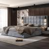 Christopher Knight Home Svens 46″ High Headboard Bed, King Size Platform Bed Frame, Soft Velvet Upholstered California King Bed Frame, Square Pattern Design with Reading Lamps and USB Ports, Grey(California King)