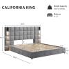 Christopher Knight Home Svens 46″ High Headboard Bed, King Size Platform Bed Frame, Soft Velvet Upholstered California King Bed Frame, Square Pattern Design with Reading Lamps and USB Ports, Grey(California King)