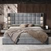 Christopher Knight Home Svens 46″ High Headboard Bed, King Size Platform Bed Frame, Soft Velvet Upholstered California King Bed Frame, Square Pattern Design with Reading Lamps and USB Ports, Grey(California King)