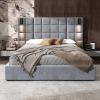 Christopher Knight Home Svens 46″ High Headboard Bed, King Size Platform Bed Frame, Soft Velvet Upholstered California King Bed Frame, Square Pattern Design with Reading Lamps and USB Ports, Grey(Queen)