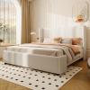 Christopher Knight Home Vanor Queen Size Bed Frame, Fabric Upholstered Platform Bed with Wingback Tall Headboard, Wooden Slats, No Box Spring Needed, Easy Assembly, White(Queen)