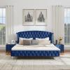 Christopher Knight Home Averil Modern King Size Platform Bed Frame with Velvet Upholstered Headboard, Wooden King Size Bed Frame with Wingback Headboard, No Box Spring Needed, Easy Assembly, Cream(Navy Blue)