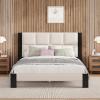 Christopher Knight Home Fizz Boucle Upholstered King Size Bed Frame, Wood Cal King Bed Frame and Headboard, Solid and Stable Bedframe, No Box Spring Needed, Noise Free King Platform Bed, Beige+Black(Queen Size)