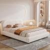 Christopher Knight Home Queen Size Platform Bed, Boucle Fabric Headborad and Bed Frame, Upholstered Curve-Shaped Queen Headboard, Wood Bedpost and Slat, Wood Slats Panel Support, Easy Assembly, White(White)