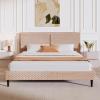 Christopher Knight Home Senna Modern Queen Bed Frame with Headboard, Upholstered Plush Fabric Queen Platform Bed Frame, Wooden Slats Panel Platform Support, No Box Spring Needed, Dark Beige(Dark Beige)
