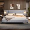 Christopher Knight Home Svant Queen Size Platform Bed, Linen Fabric Upholstered Headboard Bed Frame with Reading Lamps and Shelves, Wooden Slats, No Box Spring Needed, Easy Assembly, Gray(Grey)