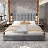 Christopher Knight Home Svens 46″ High Headboard Bed, King Size Platform Bed Frame, Soft Velvet Upholstered California King Bed Frame, Square Pattern Design with Reading Lamps and USB Ports, Grey(California King)