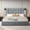 Christopher Knight Home Svens 46″ High Headboard Bed, King Size Platform Bed Frame, Soft Velvet Upholstered California King Bed Frame, Square Pattern Design with Reading Lamps and USB Ports, Grey(King)
