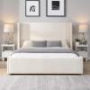 Christopher Knight Home Vanor Queen Size Bed Frame, Fabric Upholstered Platform Bed with Wingback Tall Headboard, Wooden Slats, No Box Spring Needed, Easy Assembly, White(Queen)